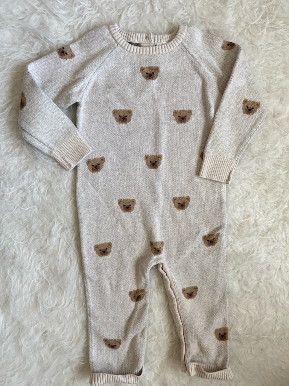 Janie and Jack Gender Neutral Beige Knit Teddy Bear One-Piece Snap Jumpsuit